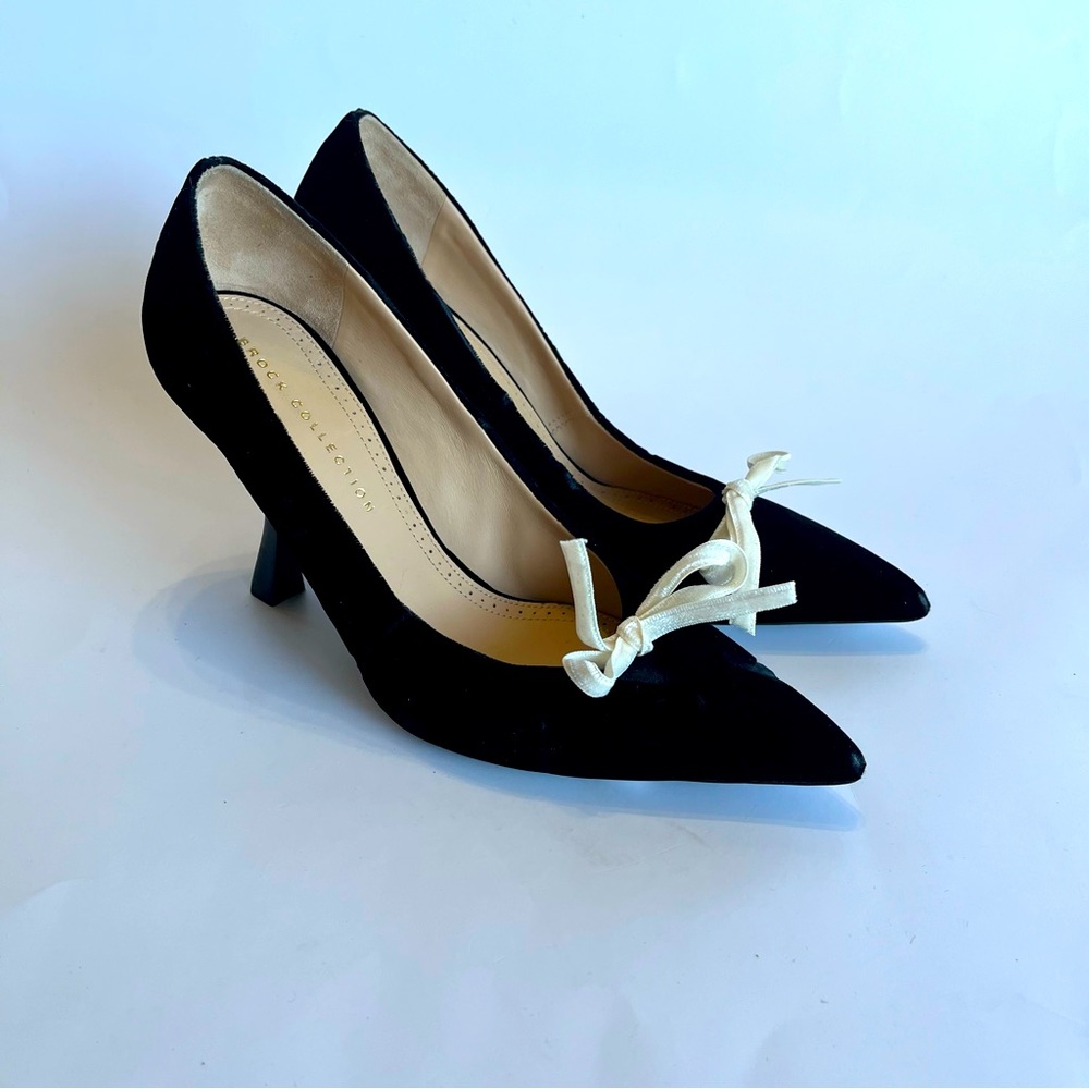 BROCK COLLECTION Women's 5 Black Velvet Bow Detail Pumps Pointed Toe White Bow‎